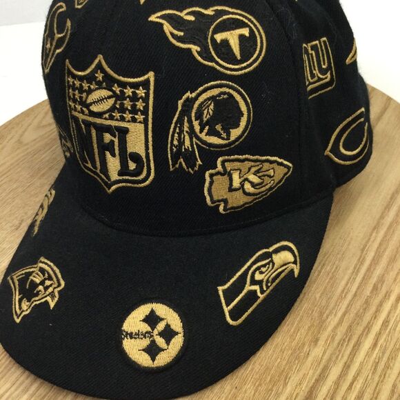 Reebok NFL All Over Team Logos Fitted Baseball Hat Black Gold Size 7 1/4 - Picture 5 of 16